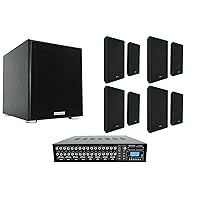 Rockville Bundle: (1) Rock Matrix Commercial Amp Bundle with (8) RockSlim Black Home Theater Easy Wall Mount Slim Speakers, Rock Shaker Powered Home Theater Subwoofer Sub (10 Items)