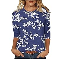 3/4 Length Sleeve Shirts for Women Casual Floral Print Vintage Crewneck Tshirt Loose Fit Tunic Tops Summer Dressy Shirts