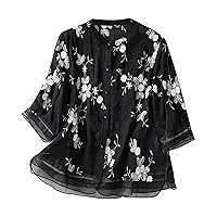 Flowy Sheer Mesh Patchwork Cotton Linen Shirts Women Floral Embroidery Blouse Summer 3/4 Sleeve Button Down Tops