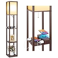 Modern Shelf Floor Lamp with Wireless Charger & Fast Charging USB Ports & Type C Port & 2 Power Outlets,3 Tier Storage Lamp for Bedroom,Brown