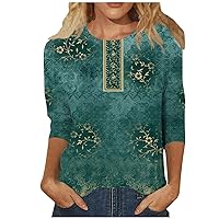 Women's T-Shirts, Women's Casual Three Quarter Sleeve Floral Print Round Neck Loose Shirts Pullover Top Blouse