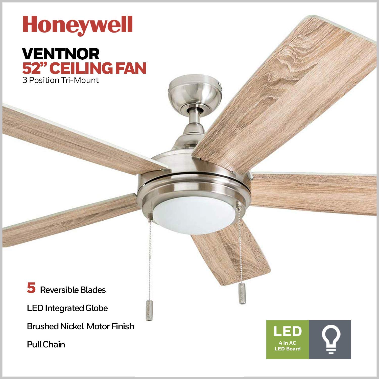 Honeywell Ceiling Fans Ventnor, 52 Inch Modern Farmhouse Indoor LED Ceiling Fan with Light, Pull Chain, Three Mounting Options, Dual Finish Blades, Reversible Motor - 50606-01 (Brushed Nickel)