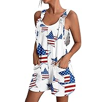 Rompers For Women 2024,Overall Shorts For Women 4Th Of July Stripe Usa Flag Bib Summer Jumpsuits Sleeveless Suspender Romper With Pockets American Flag Overalls