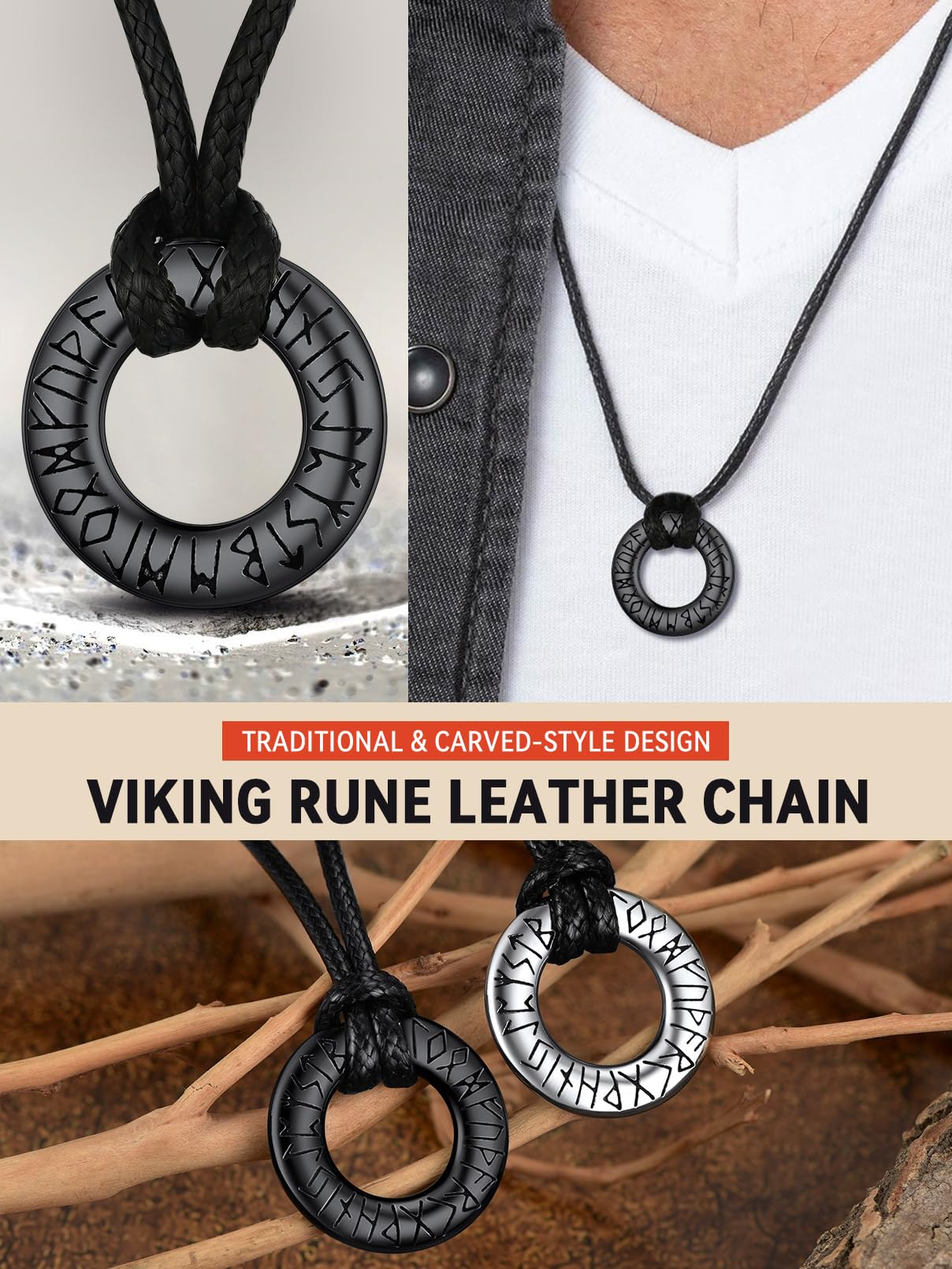 FaithHeart Norse Viking Rune Necklace with Adjustable Braided Leather/Stainless Steel Rope Chains for Men Women