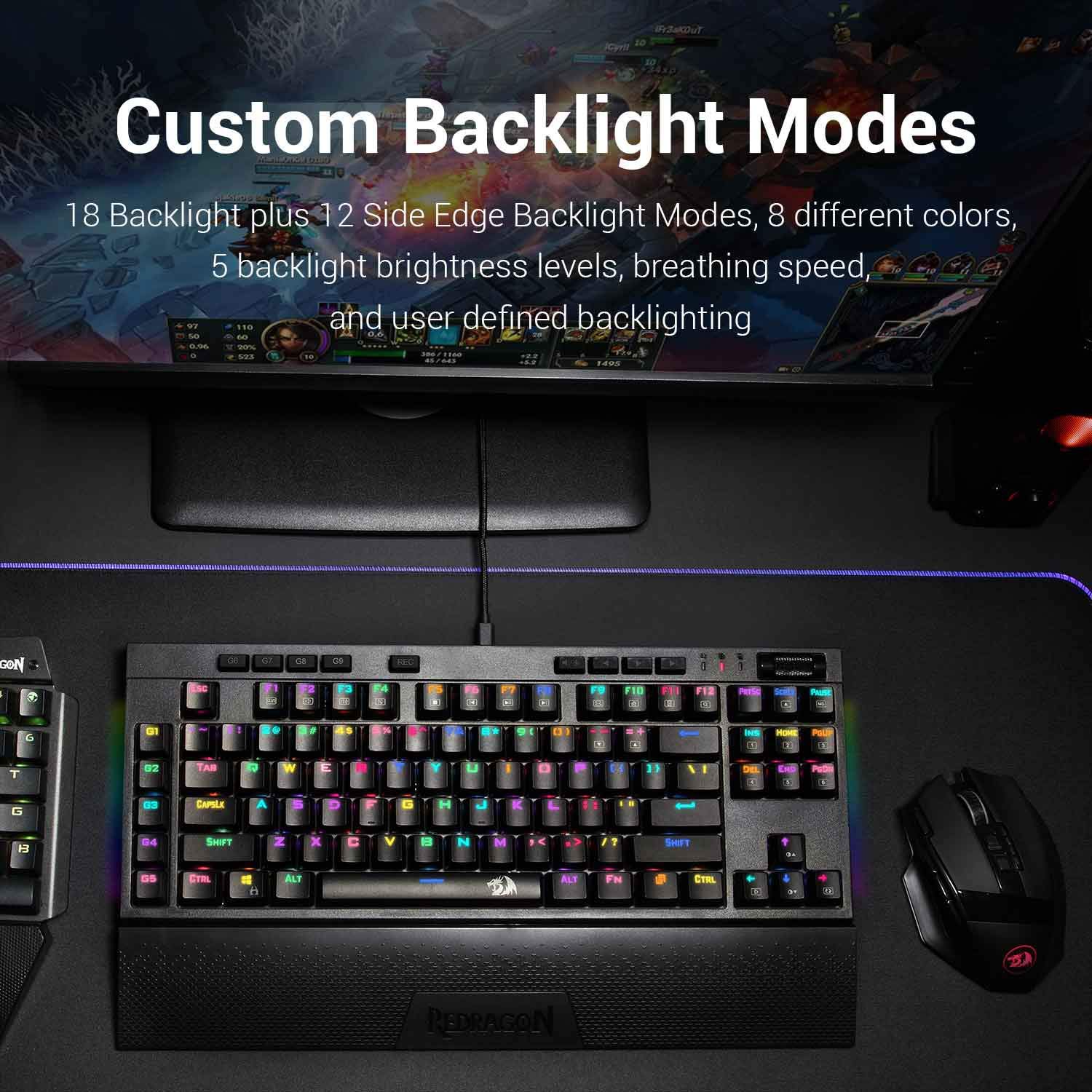 Redragon K588 RGB Backlit Mechanical Gaming Keyboard with Programmable Keys Macro Recording Optical Blue Switches Tenkeyless with Detachable Palm Rest & USB-C USB for Windows PC