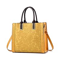 Women's Square Tote Bag Soft PU Leather Fashion Flower Pattern Large Capacity Handbag Retro Work Travel Shoulder Bags