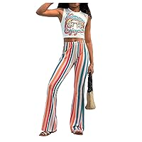 Floerns Girl's Striped Print Tank Vest with Flared Leg Pants Set 2 Piece Outfits