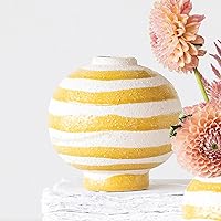 Large Striped Stoneware Vase with Sphere Shape and Footed Base, Yellow and White