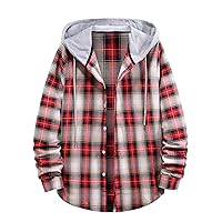 Mens Plaid Hoodies Open Front Button Cardigans Checked Hooded Shirt Casual Sweatshirt Jacket Lightweight Outwear Tops