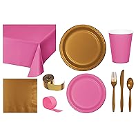 Baxters Party Bundle Bulk, Tableware for 24 People Candy Pink and Gold, 2 Size Plates Napkins, Paper Cups Tablecovers and Cutlery, Box of 199