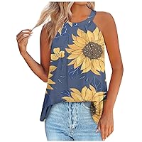 Womens Pleated High Neck Tank Tops Sunflower Graphic Tees Casual Sleeveless Tanks Shirts 4th of July Shirt Fashion Tops 2024