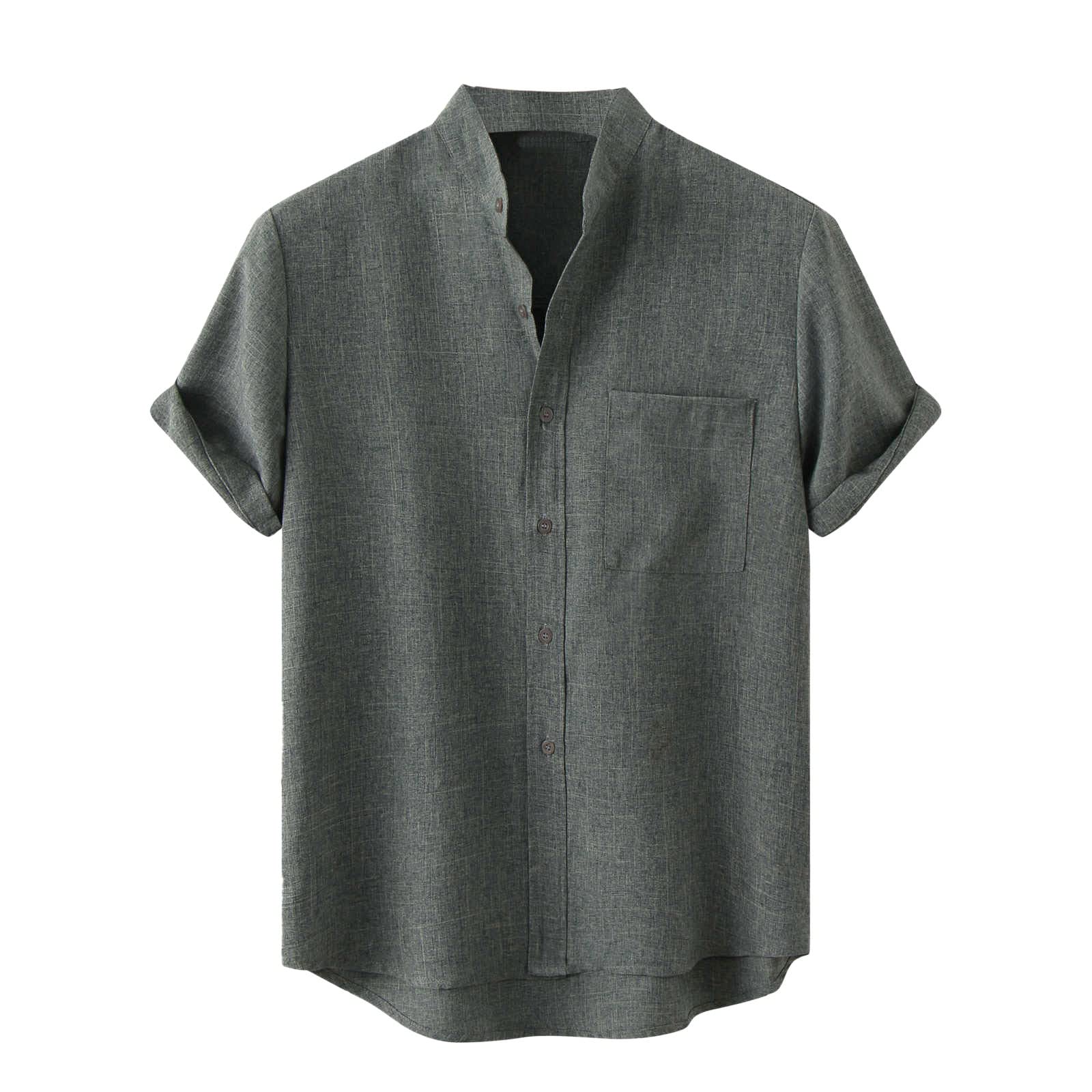 VALSEEL Mens Cotton Linen Shirts Summer Lightweight Comfy Short Sleeve Stand Collar Solid Color Casual Button Down Shirt