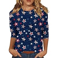 Fourth of July Outfit Women Flag Day Crewneck 3/4 Sleeve Shirts for Women Flag Day Casual 2024 Trendy Tops
