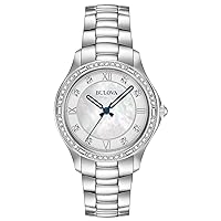 Bulova Ladies' Crystal Stainless Steel 3-Hand Quartz Watch, White Mother-of-Pearl Dial