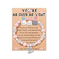 Lanqueen Kitty Cat Pendant Bracelet for Girls Cat Girfs for Cat Lovers Pink Pearl and Shiny Balls Jewelry Birthday Christmas Gifts for Daughter Granddaughter