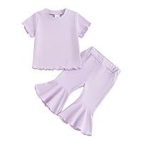 Kaipiclos Toddler Baby Girl Summer Clothes Knit Ruffle Short Sleeve Solid T-Shirt Flare Pants Set Girl's Bell-bottoms Outfit