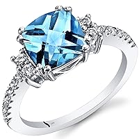 PEORA Swiss Blue Topaz Ring for Women 14K White Gold with White Topaz, Natural Gemstone Birthstone, Designer 2.50 Carats Cushion Cut 8mm, Comfort Fit, Sizes 5 to 9