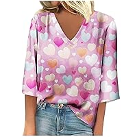 Valentines Day Outfit Women 3/4 Sleeve V Neck Shirts Blouses Cute Party Button Down Shirts for Women TD07