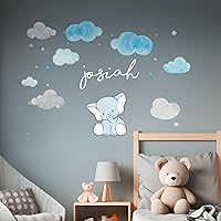 Elephant Wall Stickers with Clouds for Baby Girl or Boy I Custom Name for Nursery Wall Decor I Wall Decal for Child Room Decorations I Multiple Sizes and Color Options (Wide 22