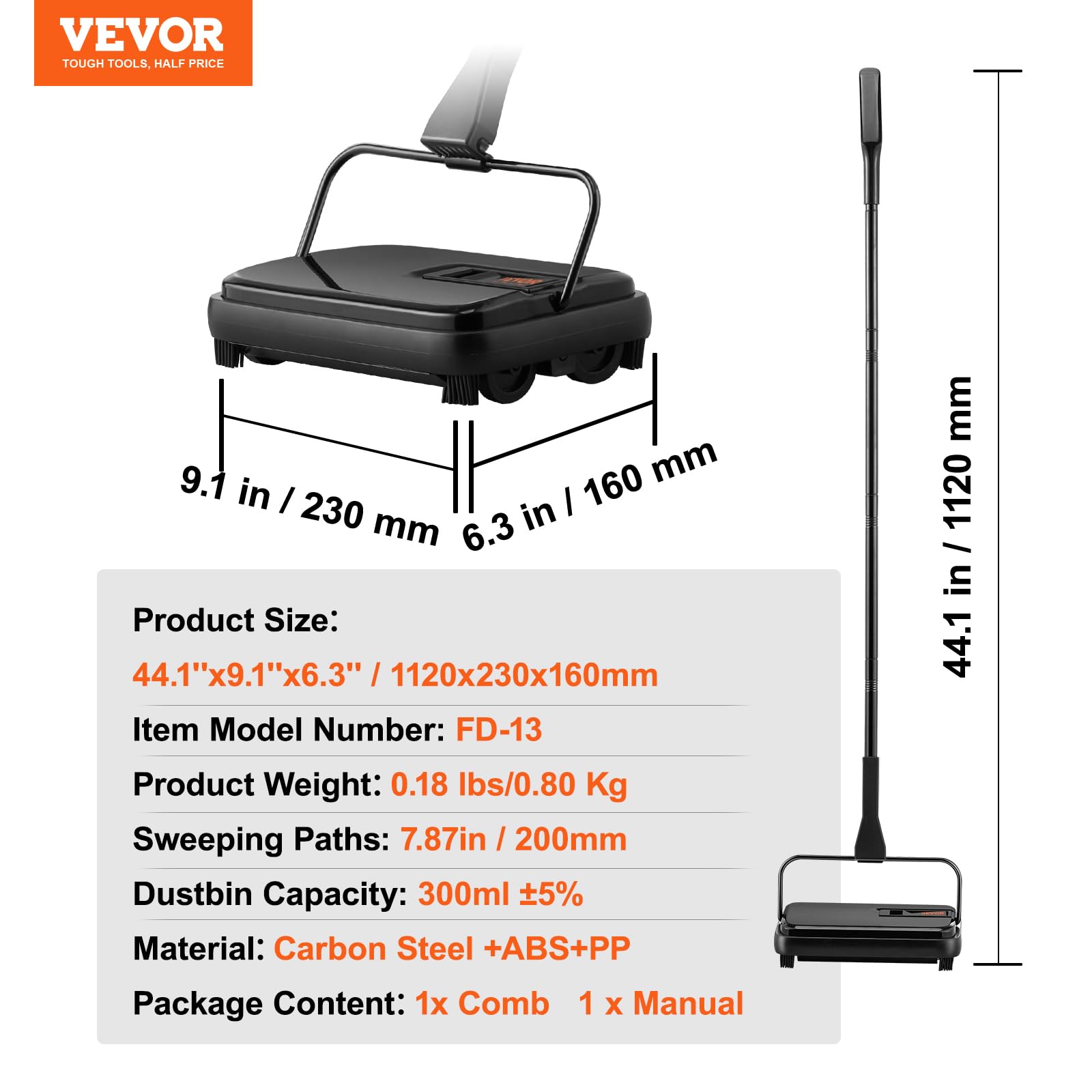 VEVOR Carpet, 7.87 in Sweeping Paths Sweeper Manual Non Electric, 300 ml Dustbin Capacity with Comb for Home Office Rugs Hardwood Surfaces Wood Floors Laminate, Cleans Dust Pet Hair, Black