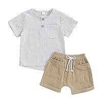 fhutpw Baby Boy Summer Outfits Henley Shirt Soft Pocket Short Sleeve Tops & Shorts Sets Infant 3 6 12 18 Months 2T Clothes (D-Khaki, 12-18 Months)