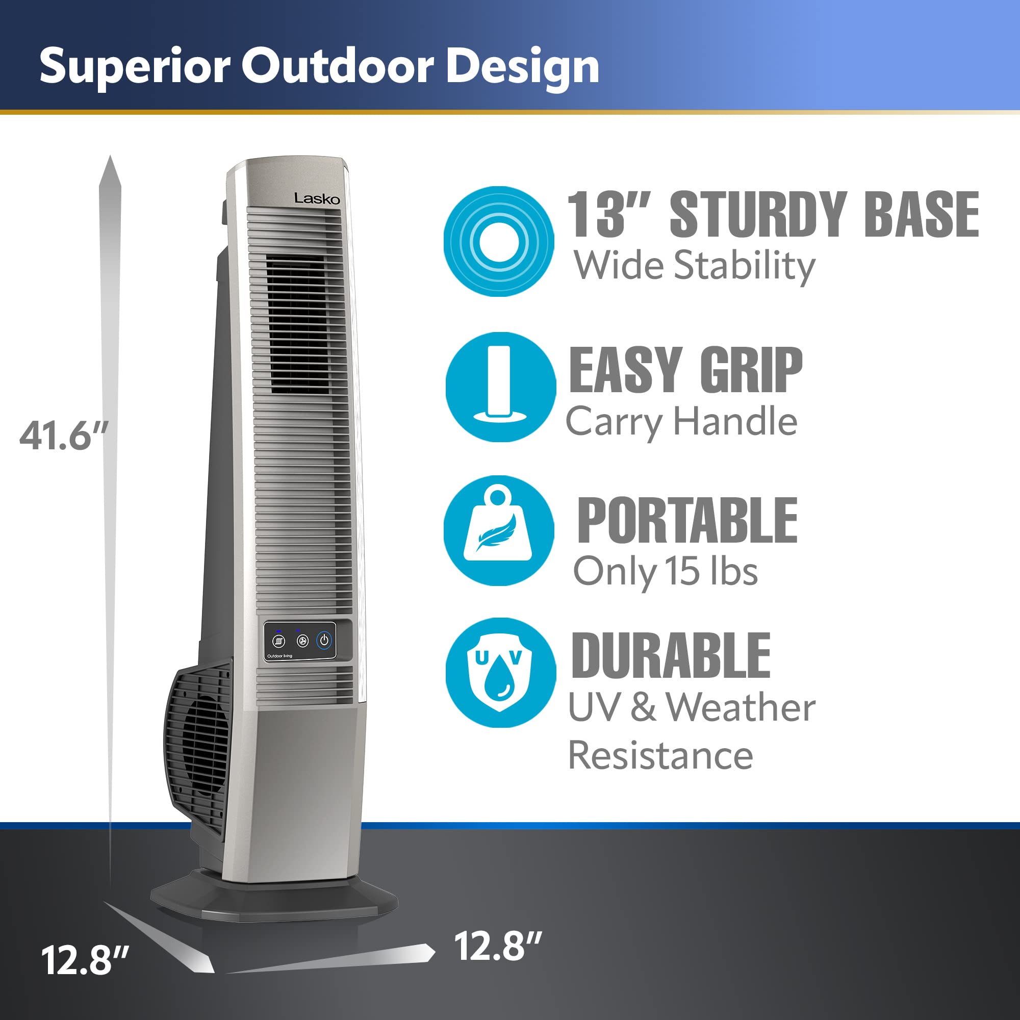 Lasko Outdoor Living Oscillating Tower Fan, for Decks, Patios and Porches, 10 Foot Power Cord, 4 Refreshing Speeds, 42