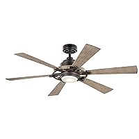 Kichler 52 InchGentry Lite LED Ceiling Fan and Etched Cased Opal Glass in Anvil Iron with Distressed Antique Grey Blades, Natural Brass/Walnut/White