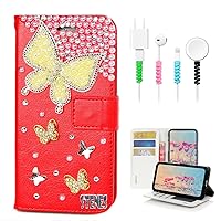STENES Bling Wallet Phone Case Compatible with iPhone 11 Pro Max - Stylish - 3D Handmade Pearl Butterfly Design Leather Cover with Cable Protector [4 Pack] - Red