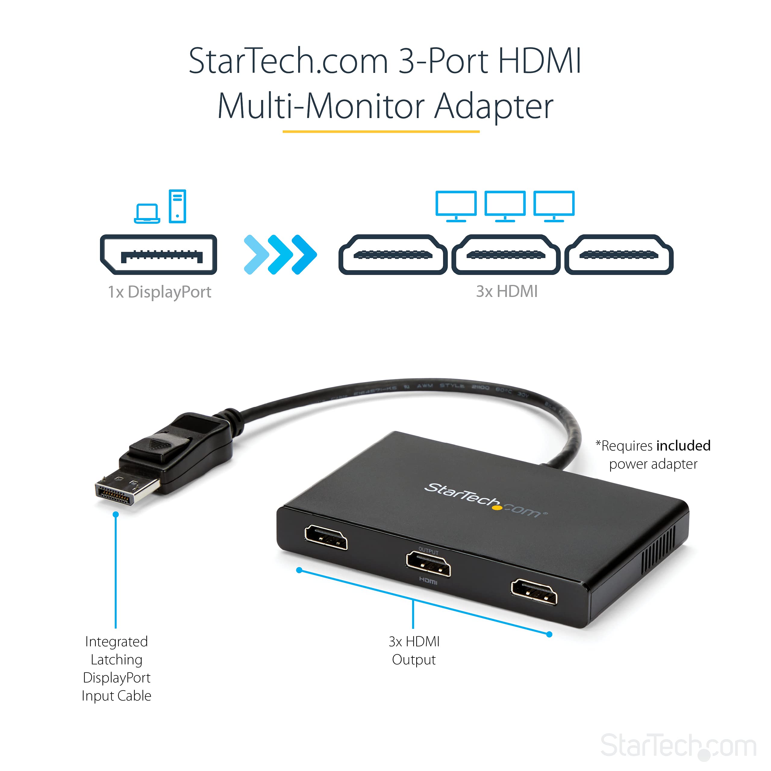 StarTech.com 3-Port Multi Monitor Adapter - DisplayPort 1.2 to 3x HDMI MST Hub - Triple 1080p HDMI Monitors - Extended or Cloned Display mode - Windows PCs Only - DP to 3x HDMI Splitter (MSTDP123HD)