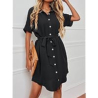 Dresses for Women - Dolman Sleeve Belted Shirt Dress (Color : Black, Size : Large)