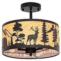 Farmhouse Rustic Close-to-Ceiling Light Fixture with Slanted Installation and Lampshade, E12 Base 3-Light Round Black Metal Fixtures with Deer and Bear Design - Perfect for Kitchen, Bedroom, Foyer
