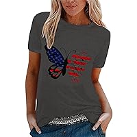 Basic Tees for Women Cotton Women's Casual Independence Day Butterfly Print T Shirt Short Sleeve Shirt Loose T