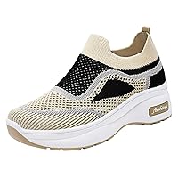 Running Shoes Womens Lightweight Sport Sneakers Fashion Spring and Summer Women Sports Shoes Thick Sole Middle Heel Slip On Mesh Breathable Colorblock Casual Style
