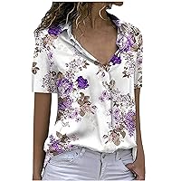 Women Floral Button Down Short Sleeve Dressy Shirts Summer Casual Lapel V Neck Tee Blouses Fashion Boho Loose Tops