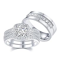 1.8Ct Couple Bridal Ring Sets Wedding Rings for Women & Mens Titanium Engagement Bands Stainless Steel Cz Him His Hers