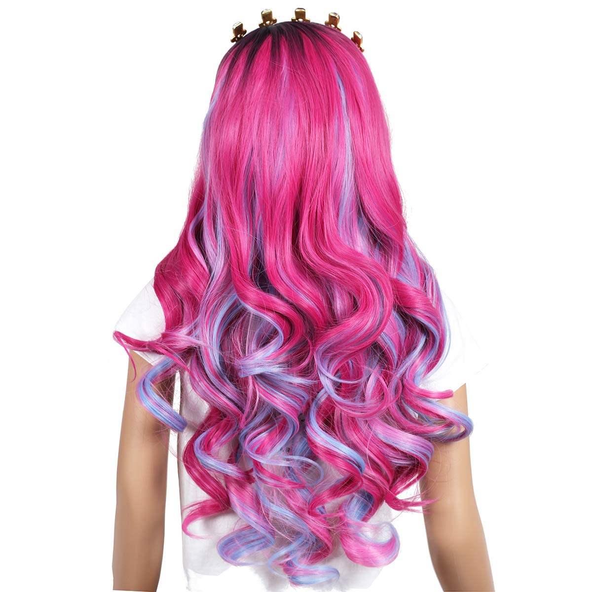 ColorGround Kids Long Wavy Pink and Light Blue Mixed Cosplay Wig with Crown