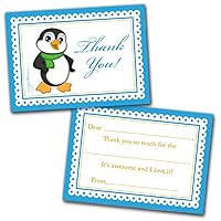 Leigha Marina Boy Penguin Thank You Cards for Kids, 20 Notes & 20 Envelopes - Fill in the Blank Style - Multi-Use, Birthday, Party, Event, Themed Celebration