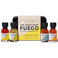 The Good Hurt Fuego by Thoughtfully, Emergency Kit Hot Sauce Gift Set, Flavors Include Smoky Bourbon, Jalapeno Lime, Mango Habanero, and Garlic Herb, Set of 4