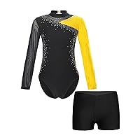Long Sleeve Leotard for Girls Gymnastics Dance Sparkle Ballet Unitard Skating Bodysuit Girl Tumbling Outfit with Shorts