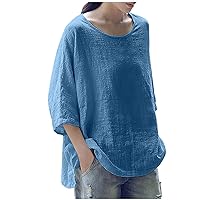 Linen Tops for Women Crewneck Short Sleeve Blouses Casual Loose Round Collar Tunics Top Plus Size Lightweight Blouse