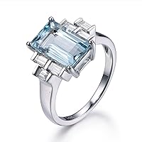 3ct Natural VVS Aquamarine Engagement Ring,6x11mm Emerald Cut Blue Stone,14K White Gold,Vintage Design