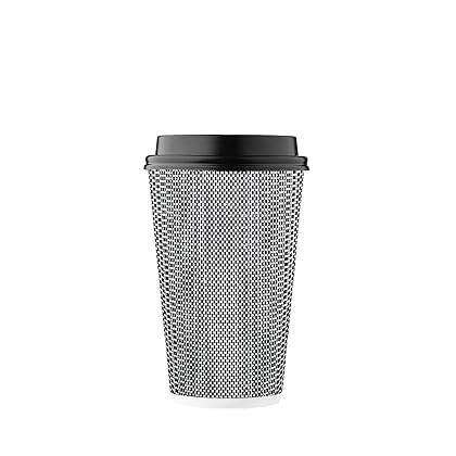 Harvest Pack GOURMET SHOWCASE [85 SET] HAKOWARE 16 oz Disposable Coffee Cups, Insulated Ripple Double-Walled Paper Cup with Lid, Black and White Geometric, Tea Hot Chocolate Drinks To go