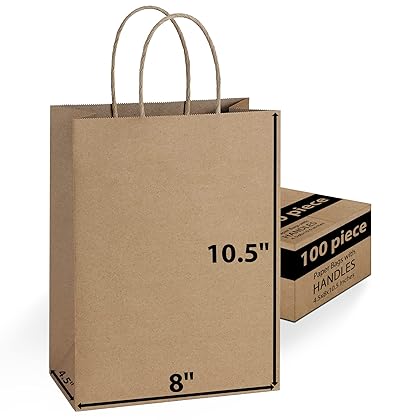 Paper Bags Bulk with Handles 8 X 4.5 X 10.5 [100 Bags]. Ideal for Shopping, Packaging, Retail, Party, Craft, Gifts, Wedding, Recycled, Business, Goody and Merchandise Kraft bags