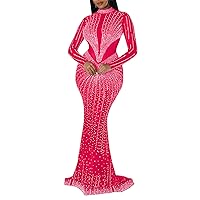Womens Sexy Long Sleeve Turtleneck Mesh Rhinestones Luxurious Party Clubwear Long Prom Dress