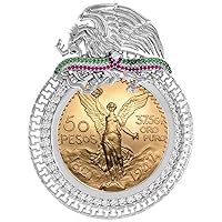 Sterling Silver TriColor CZ 37mm Centenario 50 Peso Gold Coin Bezel Mexican Coat of Arms Coin Not Included