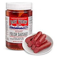 Bay View Smoked Pickled Polish Sausage, No MSG, Gluten Free, No Soy, 0g Sugar, 9g Protein, Hardwood Smoked, Mouthwatering Pickled Snack (8oz, Red Hot)