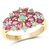 14K Yellow Gold Plated 1.86 Carat Glass Filled Ruby, Emerald and White Topaz .925 Sterling Silver Ring