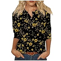 Women's 3/4 Sleeve Tops Cute Flowers Print Graphic Tees Blouses Casual Plus Size Basic Tops Pullover Blouses