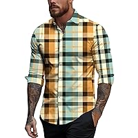 Mens Button Up Shirts Long Sleeve Plaid Print Casual Fashion Loose Shirt Casual Vacation Style Beach Shirts Blouse