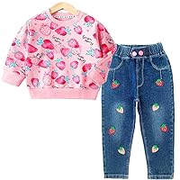 Peacolate Spring Autumn Little Big Girls 2pcs Clothing Sets Long Sleeve Pink Strawberry Print T shirt and Embroidery Blue Jeans(4Years)